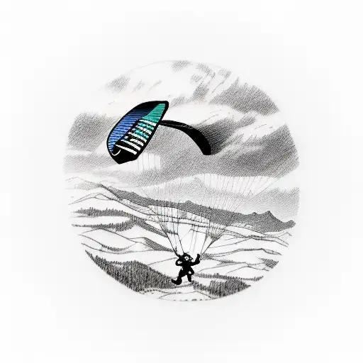 A Detailed Sketch Of A Paraglider Flying Over A Mountain Range With A Running Track Below