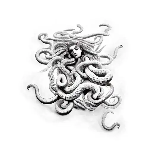 A Tattoo Of A Powerful Medusa Figure With Dreadlocks That Flow Into Snakes