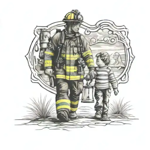 Firefighter Holding Hand With Son Walking