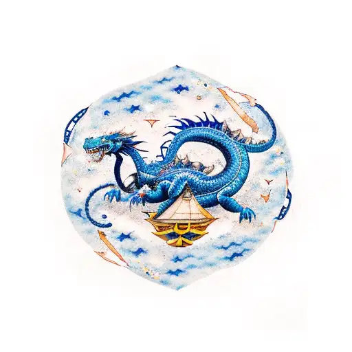 A Dark Blue Serpentine Dragon Wrapped Around A Nautical Star Map Surrounded By A Galactic Starry Sky