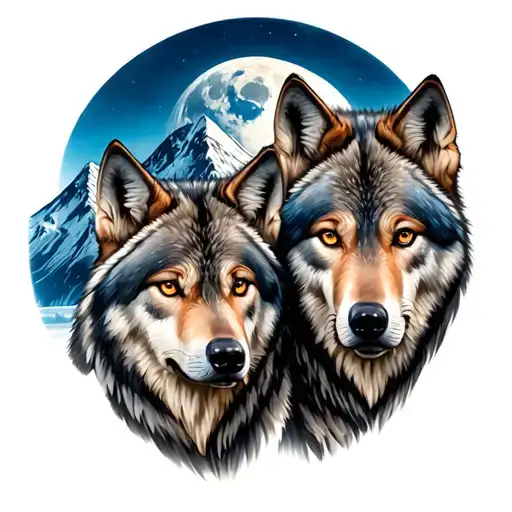 Family Of 3 Wolves With Mountains And Blue Moon