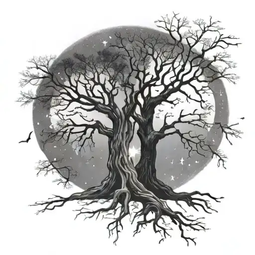 Gemini And Leo Constellations Drawn In A Night Sky Above Two Intertwined Trees