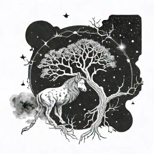 Gemini And Leo Constellations Drawn In A Night Sky Above Two Intertwined Trees