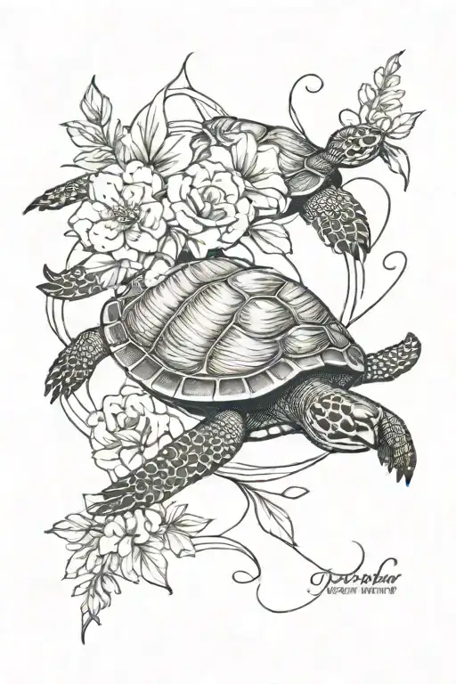 Turtle And Flowers Intertwined