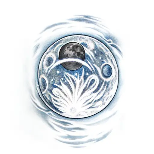A Moon Made Of Water With A Crab Shaped Keyhole In It With Delphinium Flowers Around The Moon