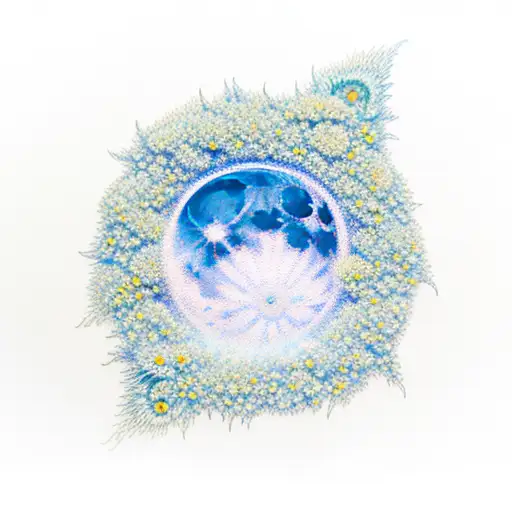 Moon Made Of Water With Delphinium Flowers On It In The Shape Of A Key Hole