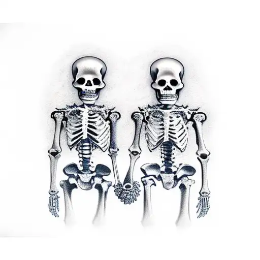 2 Skeletons Holding Hands Walking Down The Road Away From A Mountain Of Skulls In The Sunset