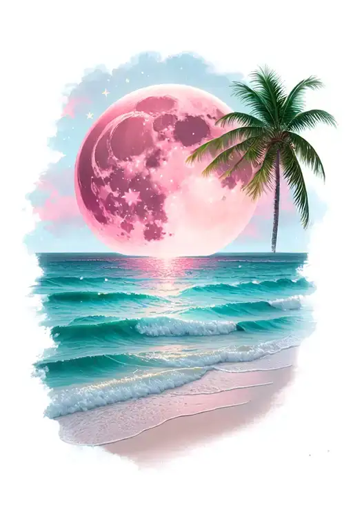 Pink Moon And Stars On A Beach