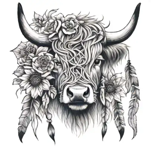 Highland Cow Face And Dream Catcher And Flowers
