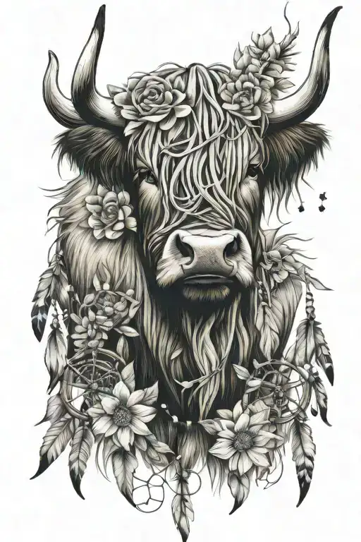 Highland Cow Face And Dream Catcher And Flowers