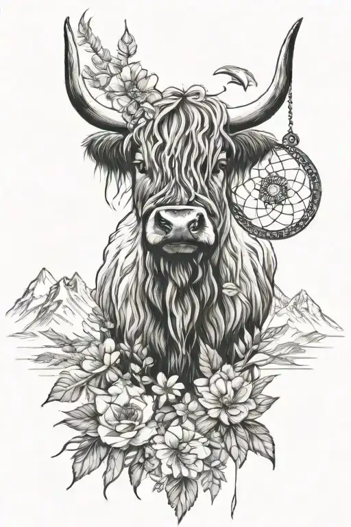 Highland Cow Face And Dream Catcher And Flowers In Front Of A Mountain Range