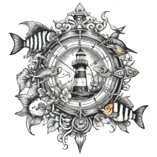 Ships Wheel With Clock Inside Surrounded By Tropical Fish And A Light House