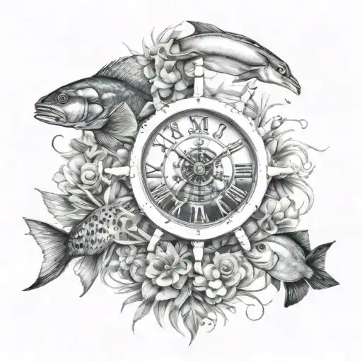 Ships Wheel With Clock Inside Surrounded By Tropical Fish And A Light House