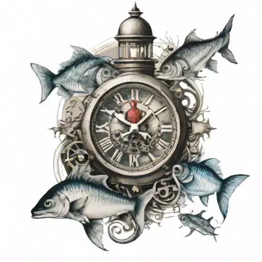 Clock With A Helm Boarder Surrounded With A Light House And Fish