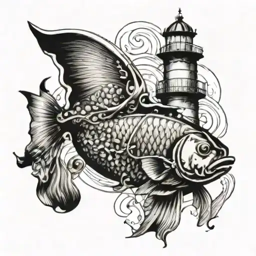 Helm With A Light House And Fish Swimming
