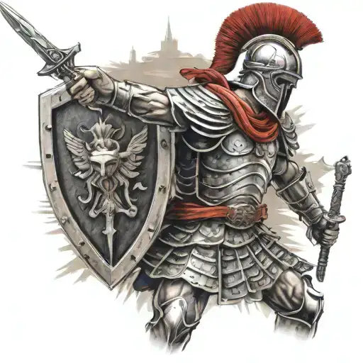 Roman Legionary Solider With Shield And Sword In Fight Position