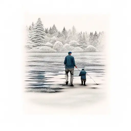 Father And Son Walking By Lake With Fishing Poles