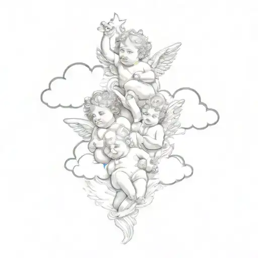 Four Cherub Playing In The Cloud Background
