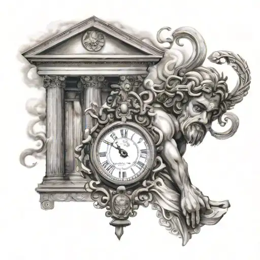 Greek Mythology God Of Time With Clock And Tower