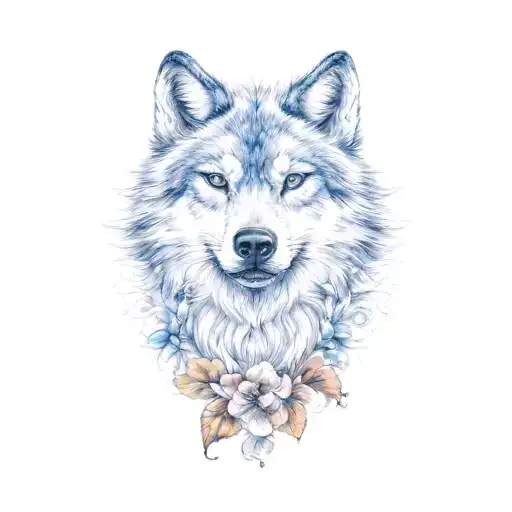 Wolf Head With Hibiscus Flower On Its Ear With One Hazel Eye And One Blue Eye