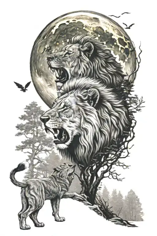 A Lion And Wolf Howling At The Moon Together In A Forest Setting