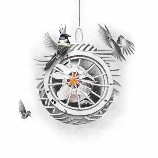 Bird Cage With A Dead Bird Inside And Other Flying Away From The Open Door