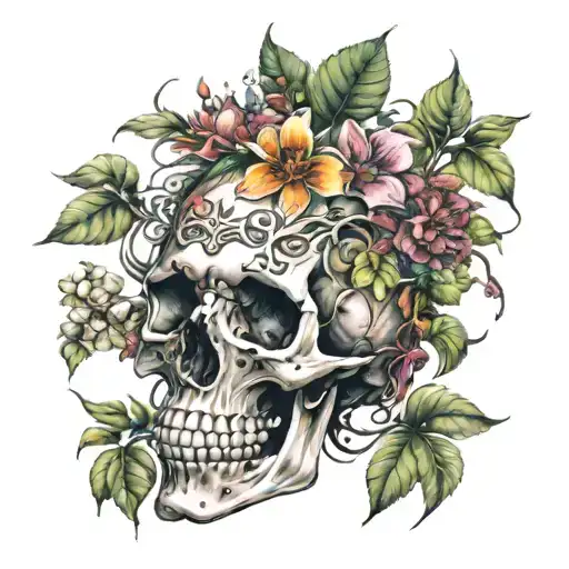 Skeleton That Is Heavily Overgrown With Flowers And Various Vegetation
