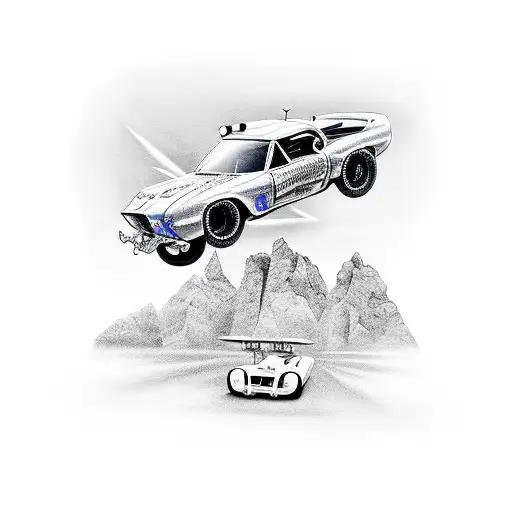 A Realistic Tattoo Of A Radio-controlled Car Speeding Through A Futuristic Cityscape