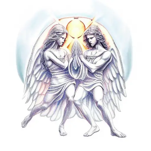 Angel And Demon Kneeling In Respect And Holding A Precious Stone