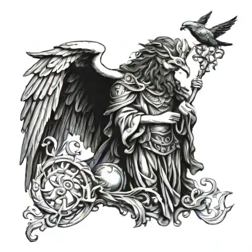 Statue Greek Norse Odin Ravens Doves Medusa Back