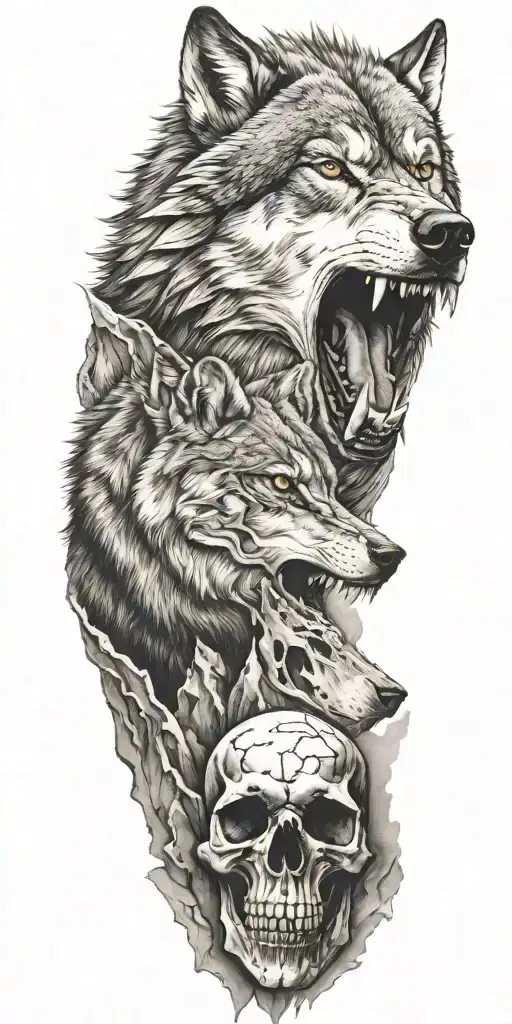 Wolf And Mountain Range And Skull