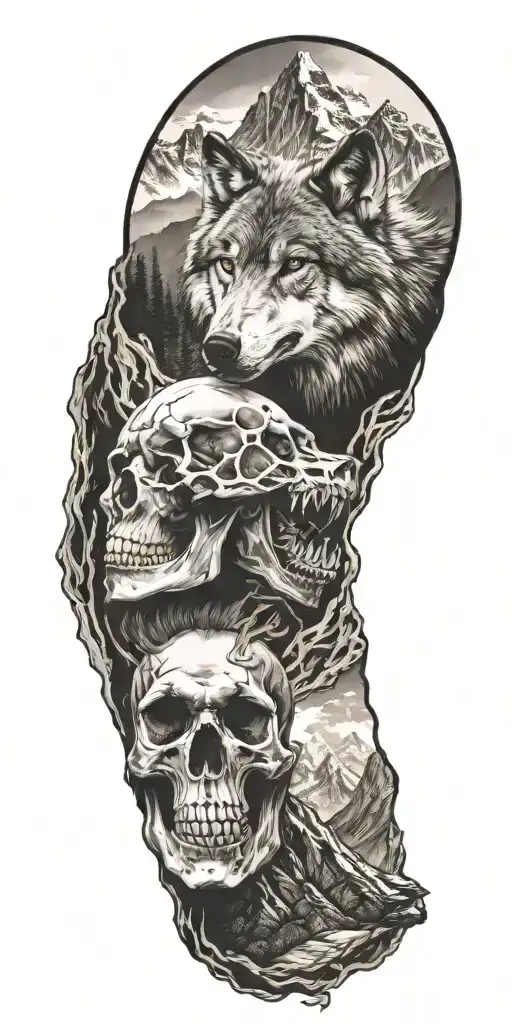 Wolf And Mountain Range And Skull