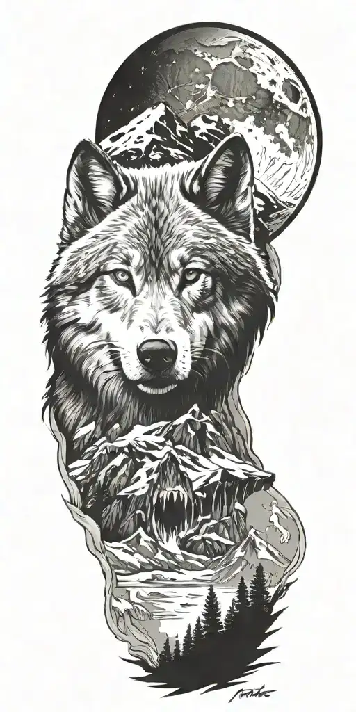 Wolf And Mountain Range And Skull