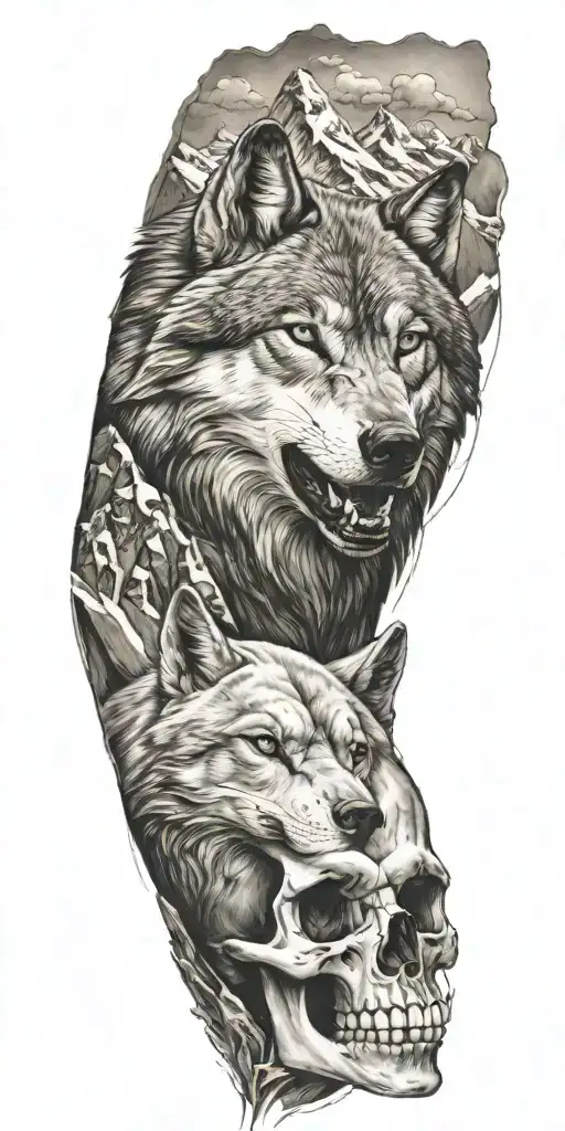 Wolf And Mountain Range And Skull