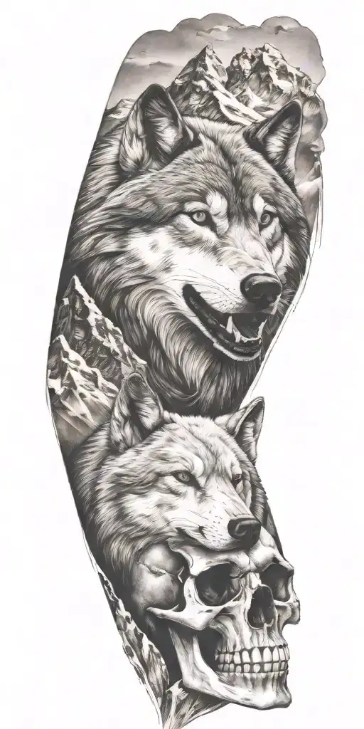 Wolf And Mountain Range And Skull