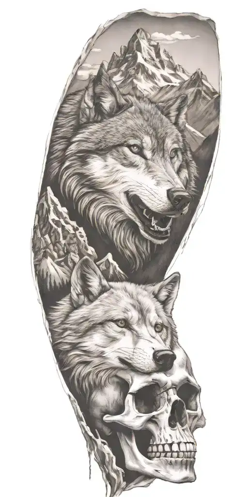 Wolf And Mountain Range And Skull