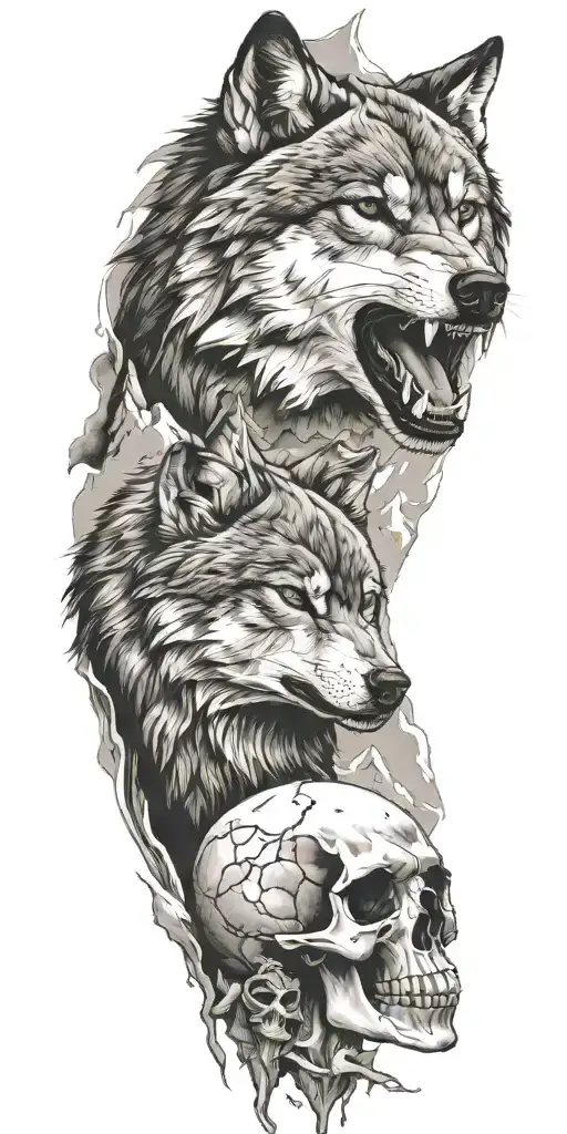 Wolf And Mountain Range And Skull