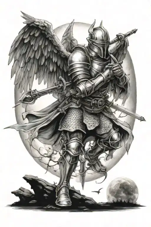 Kneeling Knight With Sword And Wings Under Moonlight And Space