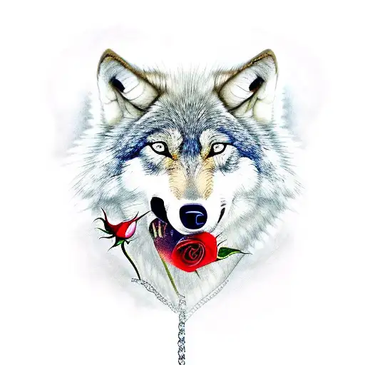 Wolf With Red Eyes And With A Rose In His Mouth