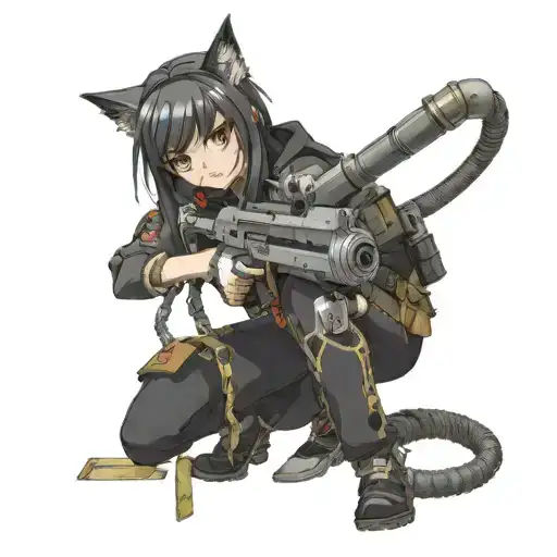 An Engineer Catgirl Wielding A Mechanical Gun In An Anime-inspired Pose