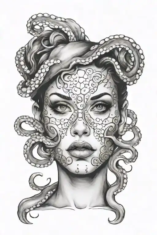 Face Of A Woman With Octopus Tentacles On Her Face With Conamatographic Lights