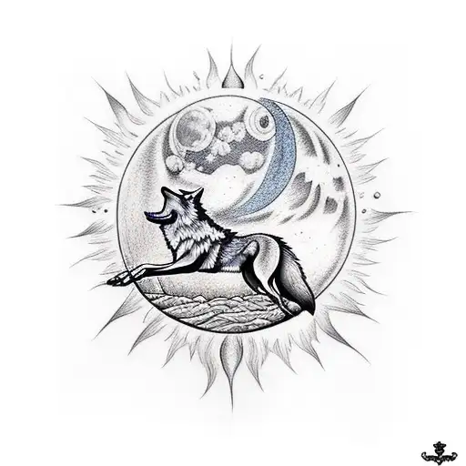 Wolf With Moon And Sun