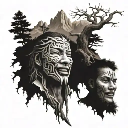 Mountain Tree Of Life Laughing Mask And Crying Mask With A Mountain In The Background