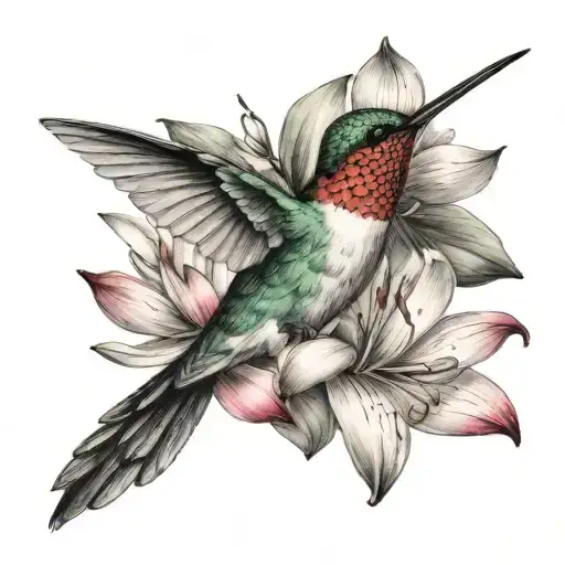 Humming Bird With Lotus And Lily Flower