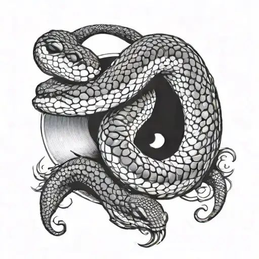 Two-headed Black Snake Reaching For Crescent Moon