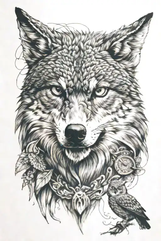 Wolf Face Being Garded By An Owl Perched On Top