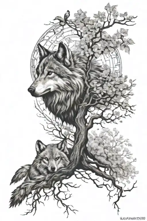Wolf With Pheonix And Tree Of Life Intertwined