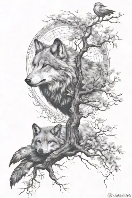 Wolf With Pheonix And Tree Of Life Intertwined