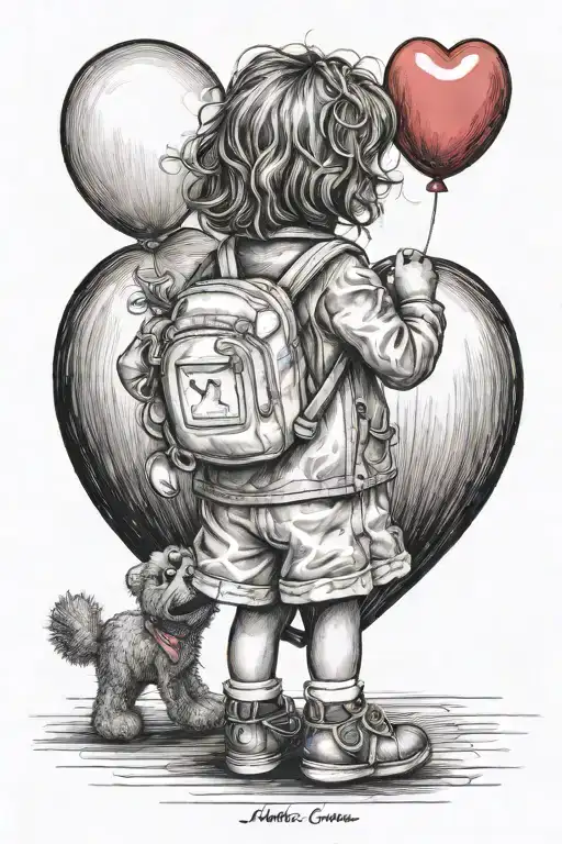 Little Girl Outline From Behind Holding Elmo And A Heart Balloon