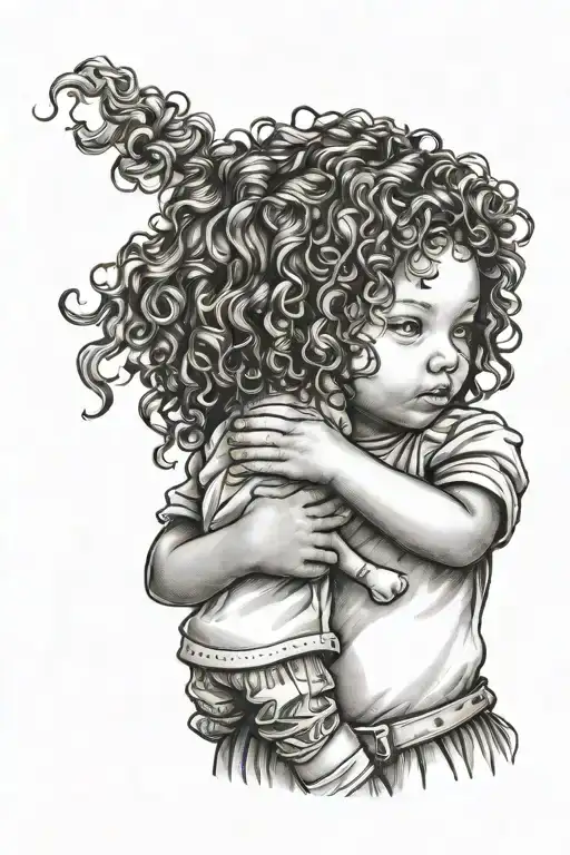 Little Girl Outline With Curly Hair Holding Doll